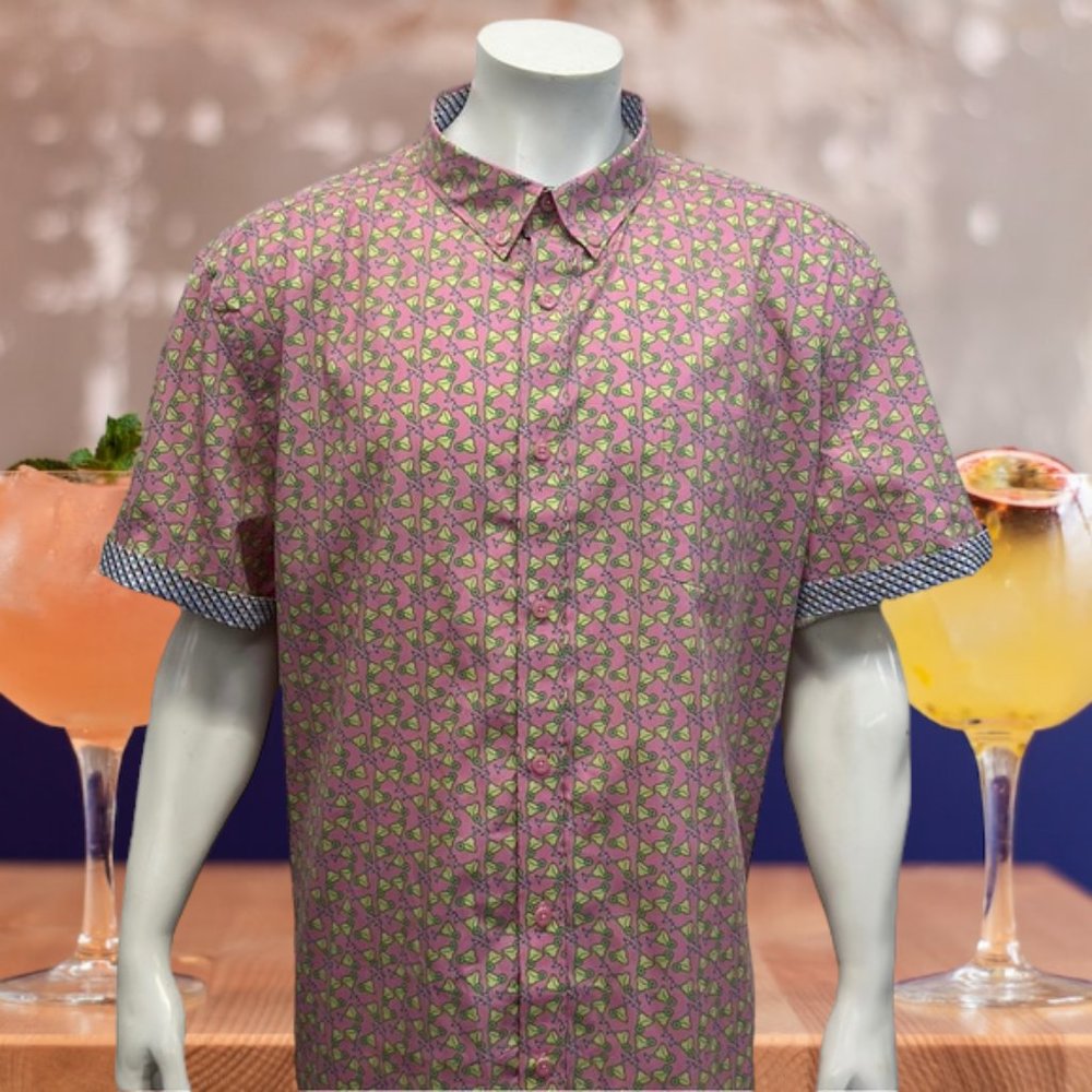 NWT Johnston & Murphy Pink Green Margarita Print Men's Short Sleeve Shirt 3XL